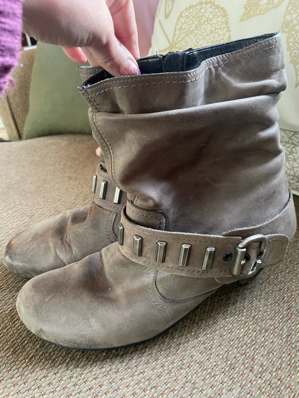 Suede warm grey Ankle Booties with Studded Strap